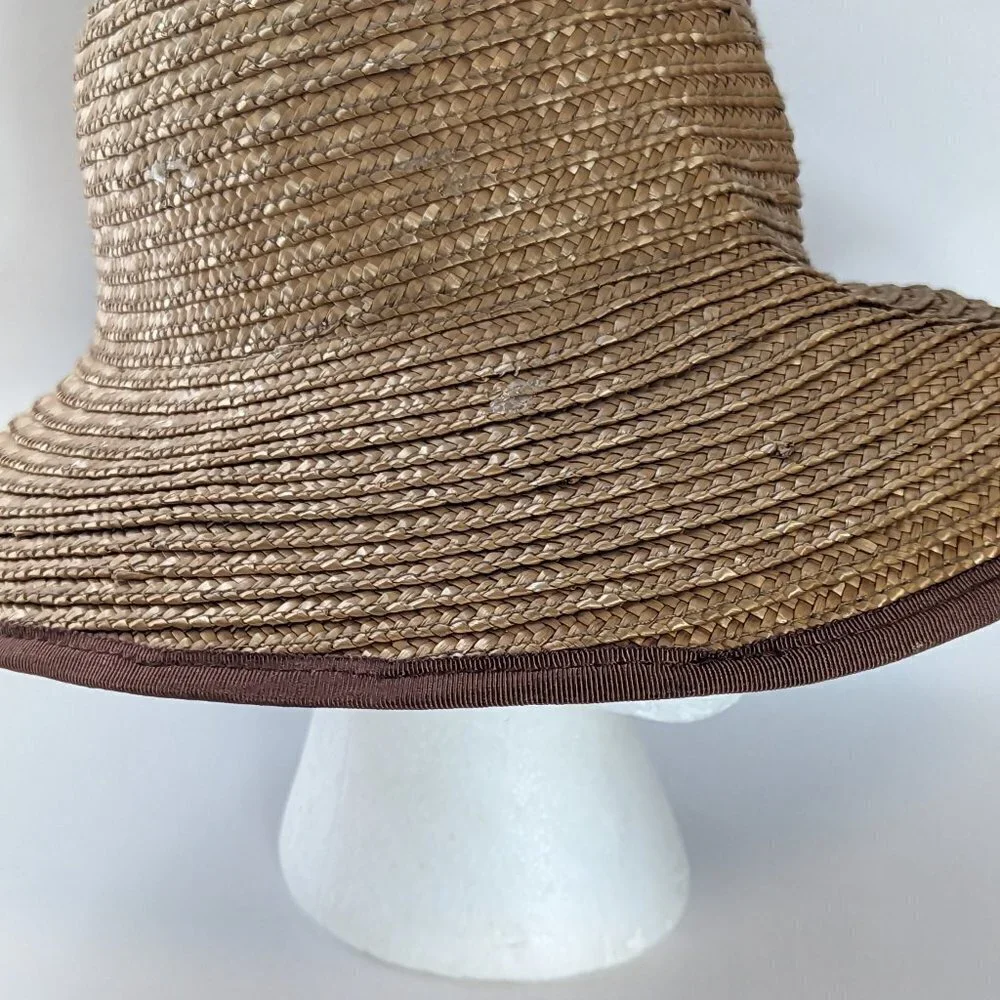 Vintage Liz Claiborne Straw Hat, High Low Brown Fabric Trim‎ Sun Beach - Picture 3 of 9